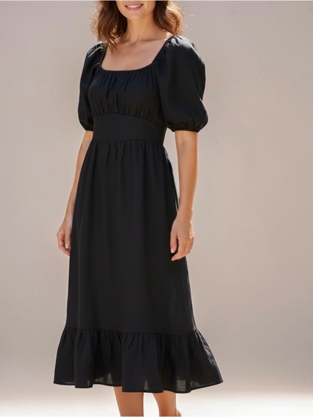 & Other Stories Black 100% Linen Puff Sleeve Midi LBD Dress sz 10 NWT